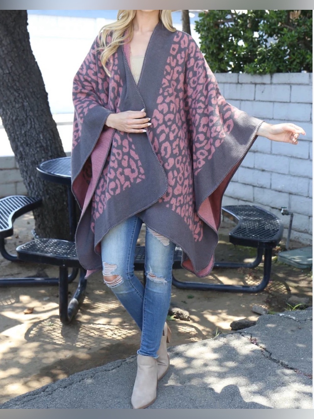 Riah Fashion Border Line Leopard Print Open Front Kimono, featuring